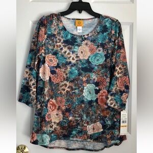 RUBY RD. WOMEN'S TOPS SIZE SMALL CREW NECK PUFF FLORAL PRINT 3/4 SLEEVES Ps2